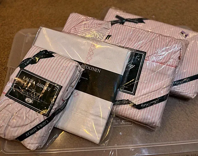 NEW Vintage Laura Ashley Ticking Stripe Cal King Sheet Set Burlington 4 Items