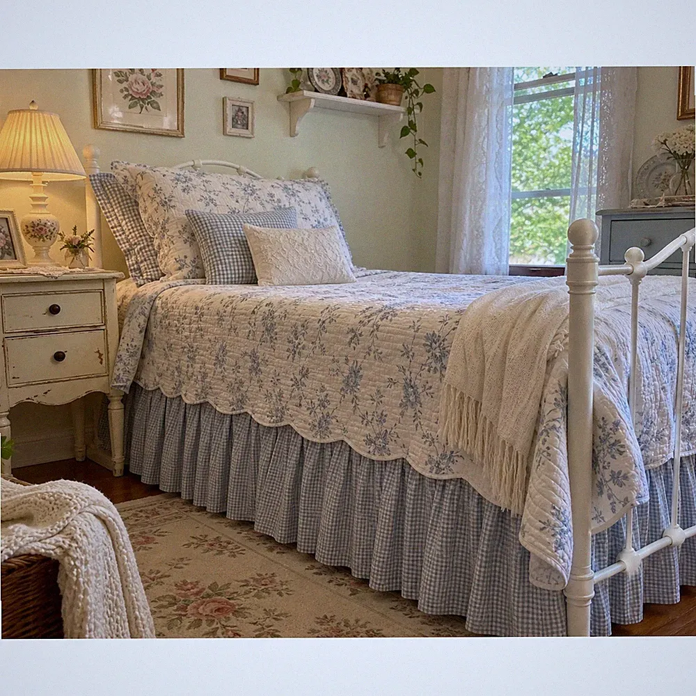 Vintage Laura Ashley Bed Skirt Twin Light Blue Gingham Cottage Dust Ruffle USA