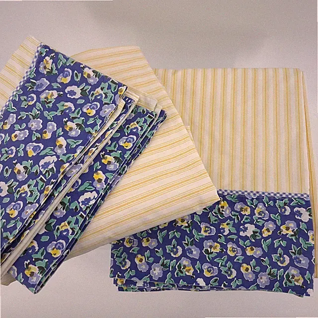 Vintage Laura Ashley Queen 4 Piece Sheet Set Yellow Stripes Blue Pansy Floral