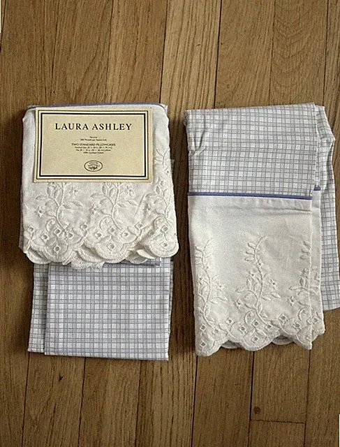 Vintage Laura Ashley Standard Pillowcases (2) Sophia Eyelet Blue While Gingham
